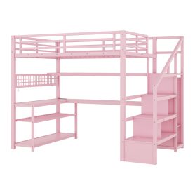 Metal Full Size Loft Bed With Staircase, Wardrobe, Desk, Storage Shelves, LED Lights and Charge Station