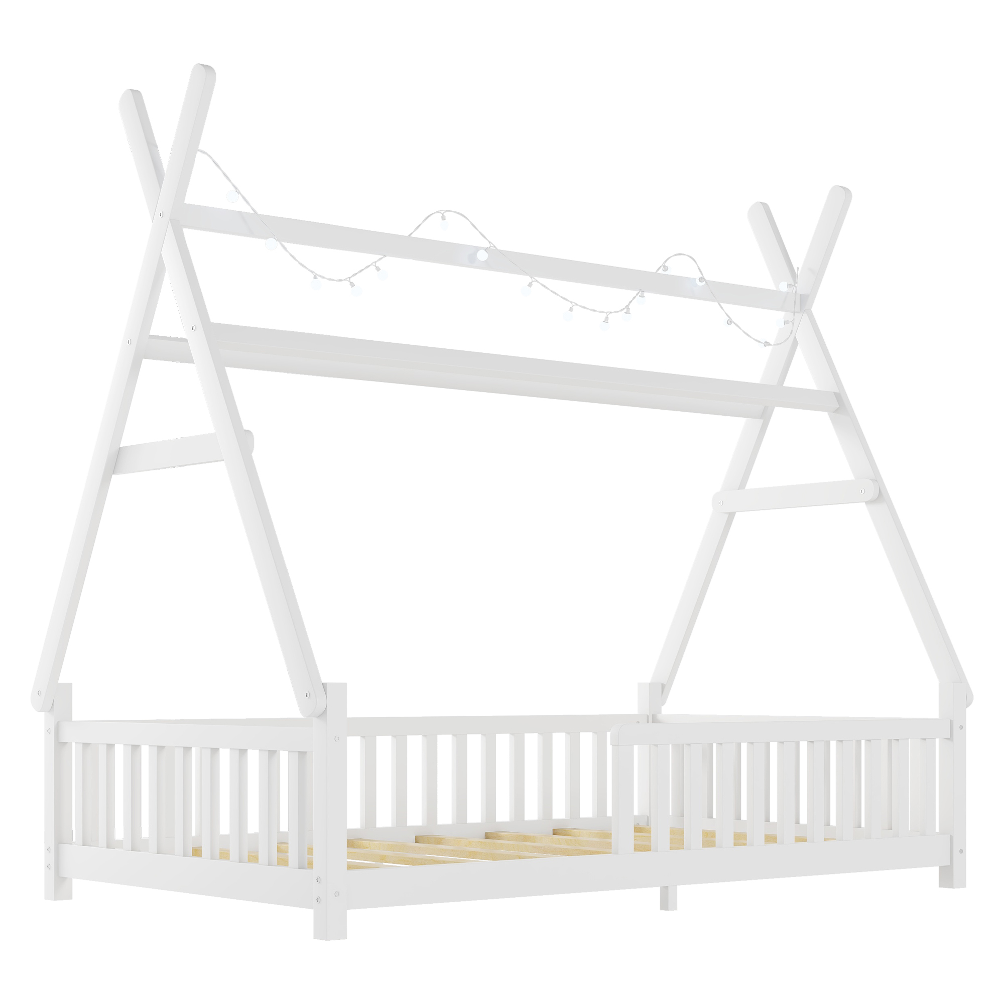 Low Floor Twin House Bed With Light, Fence And Roof 18 Low Floor Twin House Bed With Light, Fence And Roof