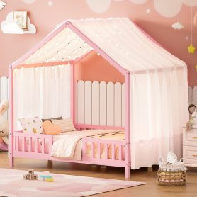 Full Size Montessori Floor Bed With Canopy and High Railings