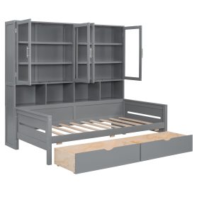 Twin Size Wooden Daybed With Glass-door Storage Cabinets, Built-in LED Lighting And Shelves