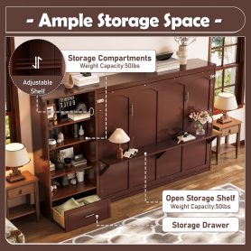 Queen Size Murphy Bed with Height Adjustable Storage Compartments and Shelf
