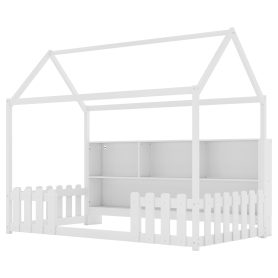 Wood Twin Size House Bed With LED Light, Storage Bookshelf, and Guardrails