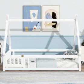 Twin Tent-shaped Floor Bed, Teepee Bed with Guardrails, Slats and Door