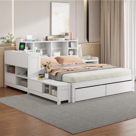 Full Size Wooden Platform Bed With Multi-functional Storage Space, Nightstand, 2 Drawers, Usb Ports And Desk