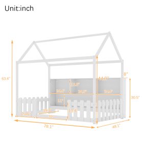 Wood Twin Size House Bed With LED Light, Storage Bookshelf, and Guardrails