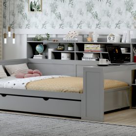 Wooden Full Size Daybed With Storage Shelves, Twin Size Trundle Bed and  Study Desk