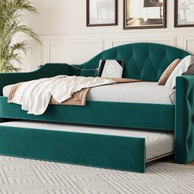 Twin Size Tufted Upholstered Daybed With Trundle, USB & Type-c Charging Ports