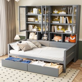 Twin Size Wooden Daybed With Glass-door Storage Cabinets, Built-in LED Lighting And Shelves