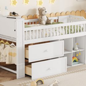Wood Low Twin Size Loft Bed With LED, Bookshelf, Stairs, Storage Drawers And Shelves