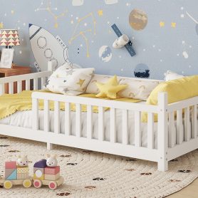 Low Floor Twin House Bed With Light, Fence And Roof 41 Low Floor Twin House Bed With Light, Fence And Roof