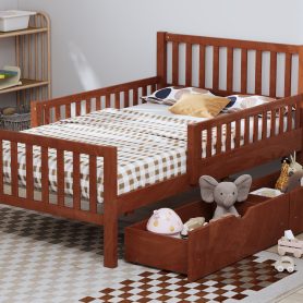 Twin Size Wood Platform Bed With Guardrails On Both Sides and Two Storage Drawers