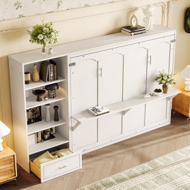 Queen Murphy Bed with Height Adjustable Storage Compartments and Shelf