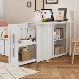 Twin Size Multifunctional Wood Platform Bed With Desk and Storage Shelf At The End Of The Bed, Built-in Trundle and 3 Drawers