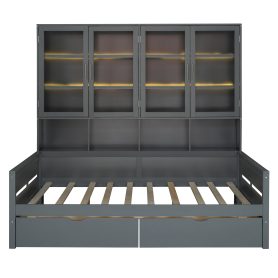 Full Size Wooden Daybed with Glass-Door Storage Cabinets, Built-in LED Lighting and Shelves