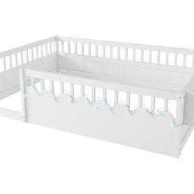 Full Montessori Floor Bed Frame With High Rails, Light And Storage Shelf