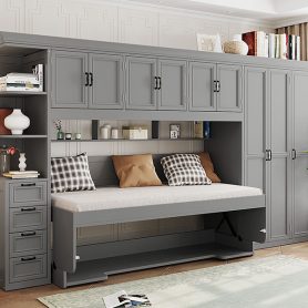 Twin Size Murphy Bed Wall Bed with Wardrobe, Cabinet and Desk
