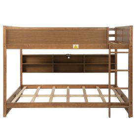 Queen Over Queen Bunk Bed with Built-in Storage Cabinets, Charging Station, Ladder, Safety Guardrails