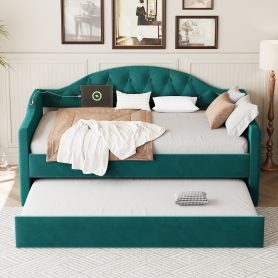 Twin Size Tufted Upholstered Daybed With Trundle, USB & Type-c Charging Ports