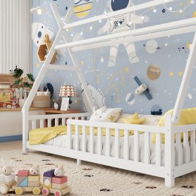 Low Floor Twin House Bed With Light, Fence And Roof 26 Low Floor Twin House Bed With Light, Fence And Roof