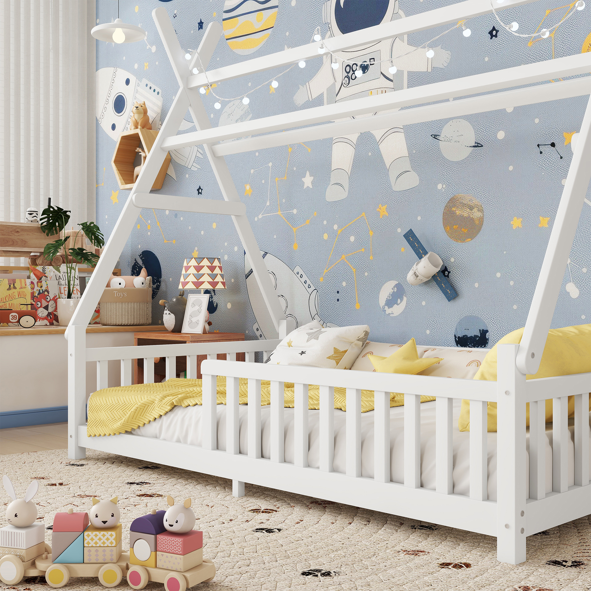 Low Floor Twin House Bed With Light, Fence And Roof 6 Low Floor Twin House Bed With Light, Fence And Roof