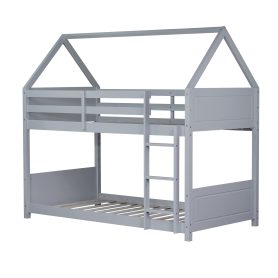 Twin Over Twin House Floor Bunk Bed with Headboards, Footboards and Guardrails, Ladder
