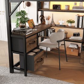 Full Size Loft Bed with Desk and Light, Metal Loft Bed with Storage Shelves