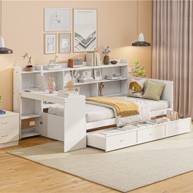 Twin Size Wooden Daybed With 3 Drawers, USB Ports And Desk