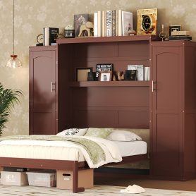 Wooden Full Wall Bed With 2 Wardrobe And Storage Shelf