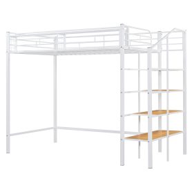 Twin Size Metal Loft Bed with Upper Grid Storage Shelf and Lateral Storage Ladder