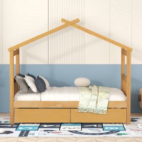 Twin Size Wooden House Bed with Drawers