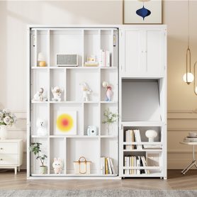 Twin Size Rotating Wall Murphy Beds with Bookshelf, Top Cabinet, Extendable Desk & Side Storage