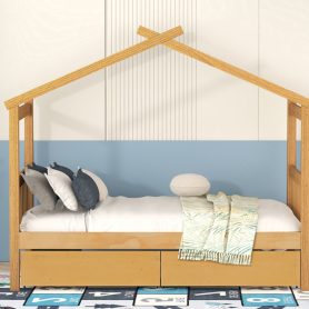 Twin Size Wooden House Bed with Drawers