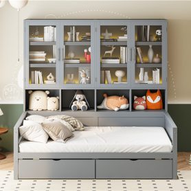 Twin Size Wooden Daybed With Glass-door Storage Cabinets, Built-in LED Lighting And Shelves