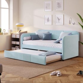 Upholstered Twin Size Daybed  With Trundle Bed and Wood Slat