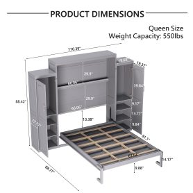 Queen Size Murphy Bed with 2 Wardrobe and Storage Shelf,