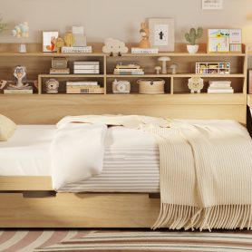 Wooden Full Size Daybed With Storage Shelves, Trundle Bed And Study Desk 35 Wooden Full Size Daybed With Storage Shelves, Trundle Bed And Study Desk