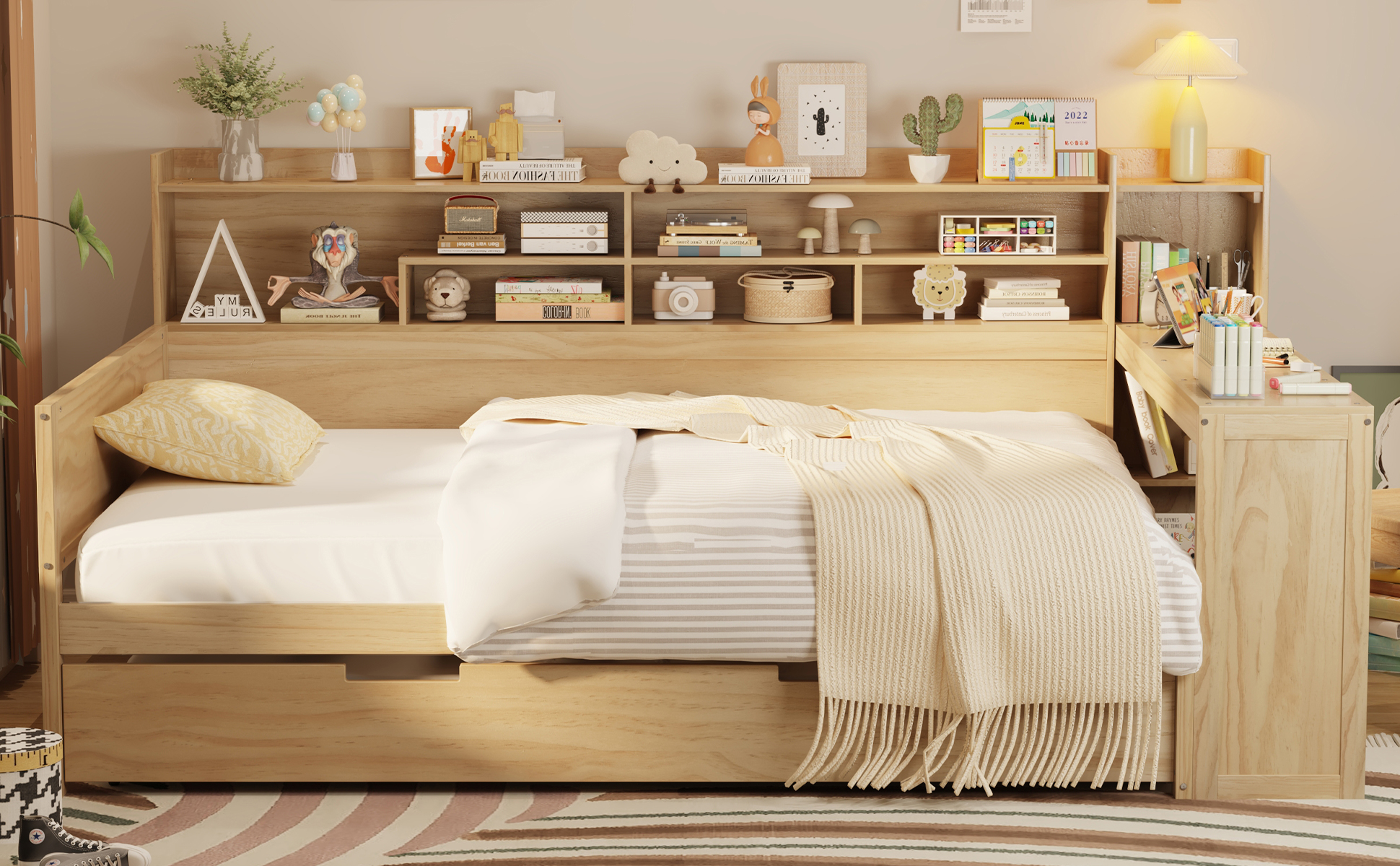 Wooden Full Size Daybed With Storage Shelves, Trundle Bed And Study Desk 17 Wooden Full Size Daybed With Storage Shelves, Trundle Bed And Study Desk