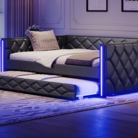 Full XL Size Upholstered Daybed with Trundle and LED