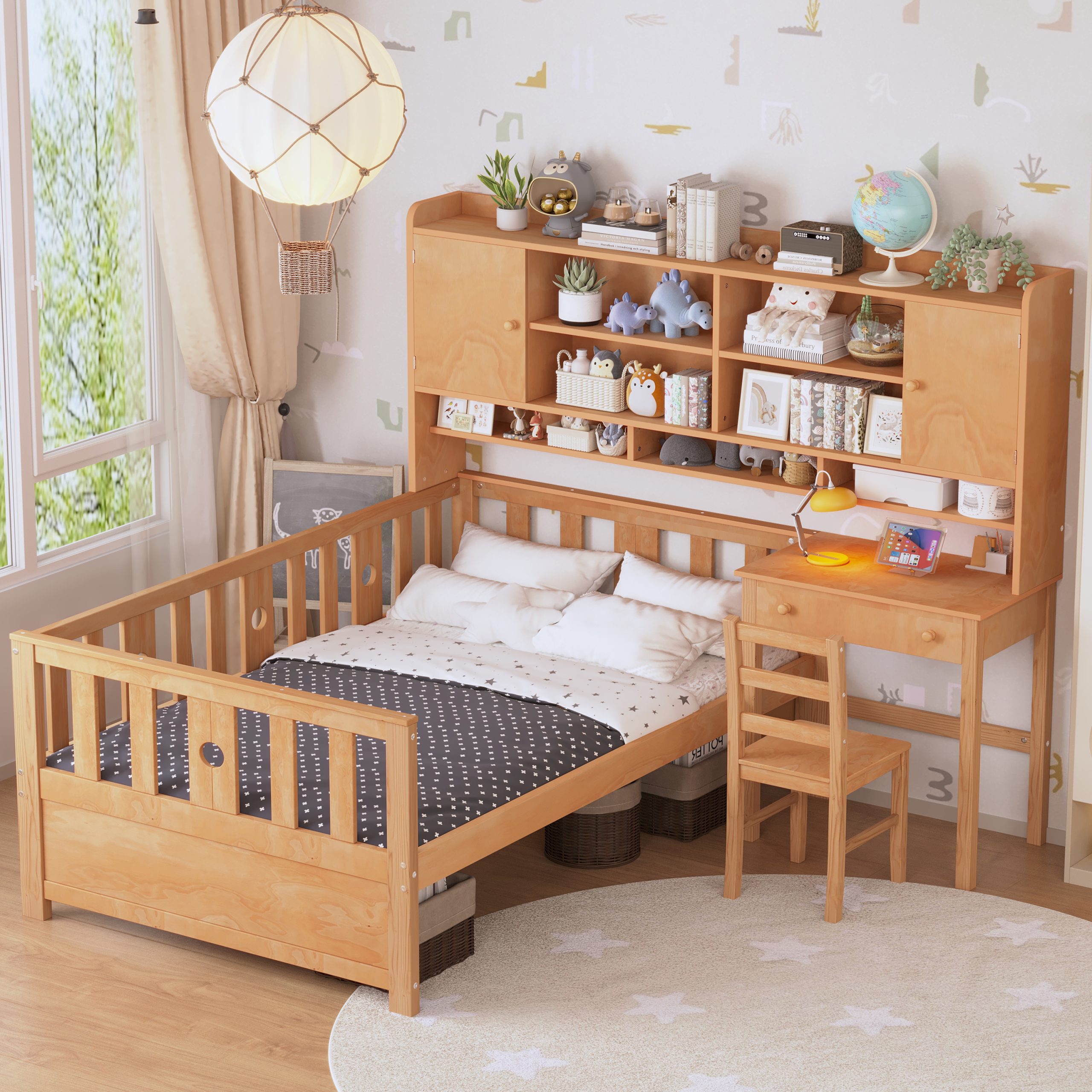 Twin Size Multifunctional Wood Platform Bed With Bookshelf At The Head Of The Bed, Built-in Desk and Matching Chair