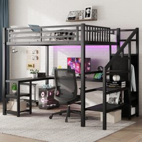 Metal Full Size Loft Bed With L-Shaped Desk, USB, Wardrobe And LED Light
