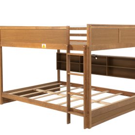 Queen Over Queen Bunk Bed with Built-in Storage Cabinets, Charging Station, Ladder, Safety Guardrails