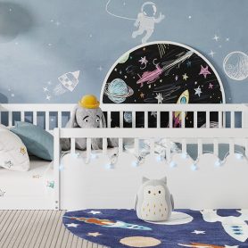 Full Montessori Floor Bed Frame With High Rails, Light And Storage Shelf