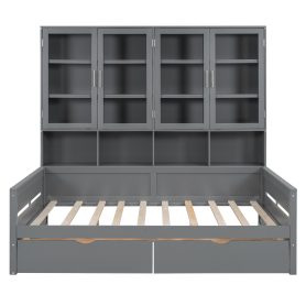 Full Size Wooden Daybed with Glass-Door Storage Cabinets, Built-in LED Lighting and Shelves