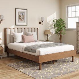 Queen Size Wood Bed with Piano Key Style Upholstered Headboard