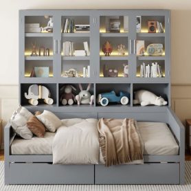 Full Size Wooden Daybed with Glass-Door Storage Cabinets, Built-in LED Lighting and Shelves