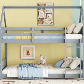 Twin Over Twin House Floor Bunk Bed with Headboards, Footboards and Guardrails, Ladder