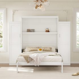 Queen Size Murphy Bed with 2 Wardrobe and Storage Shelf,
