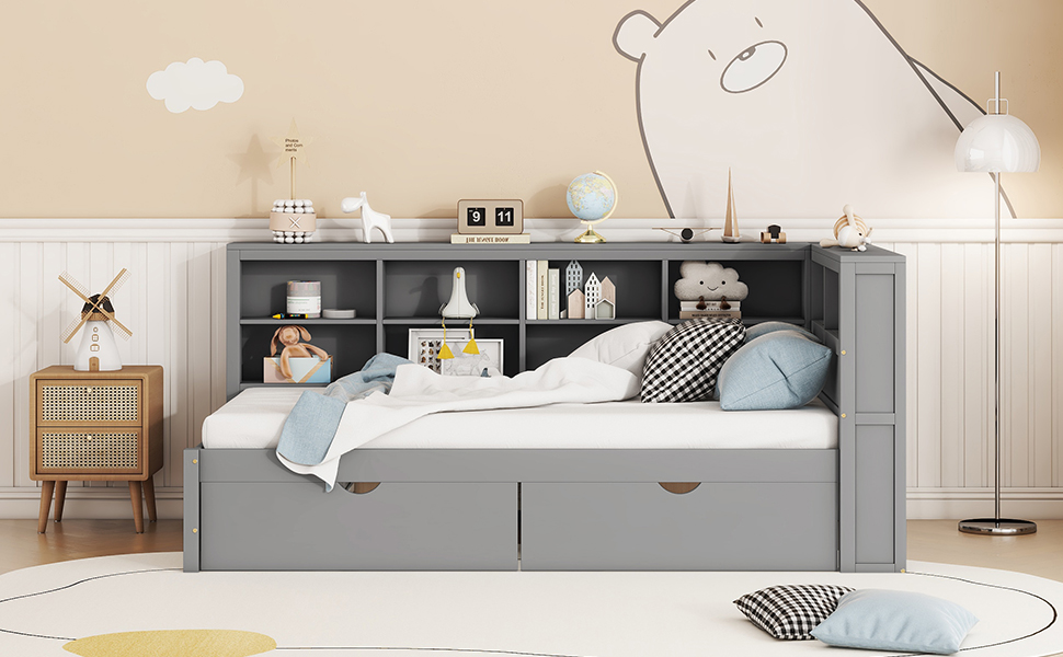 Wooden Twin Size Daybed With 2 Drawers, Storage Shelf And USB Charging Port 17 Wooden Twin Size Daybed With 2 Drawers, Storage Shelf And USB Charging Port