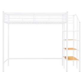 Twin Size Metal Loft Bed with Upper Grid Storage Shelf and Lateral Storage Ladder