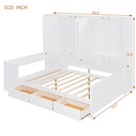 Full Size Wooden Daybed With Three Drawers, and All-in-One Cabinet, Desk and Shelves